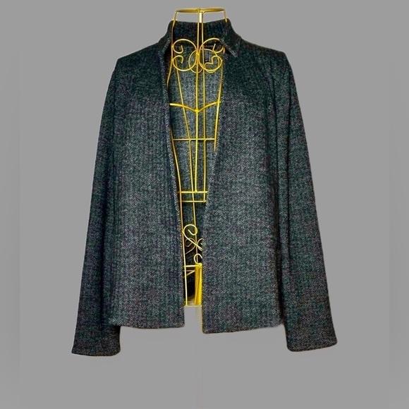 Eileen Fisher Wool Blend Gray & Black Open Tweed Blazer Stand Collar, Pockets SP - Picture 3 of 14